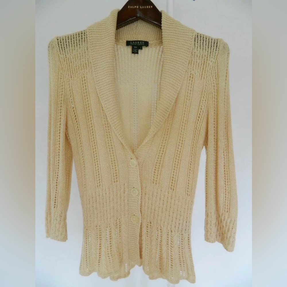 NWOT Lauren Ralph Lauren Cardigan S Peplum Waist Shawl Collar Silk and Linen